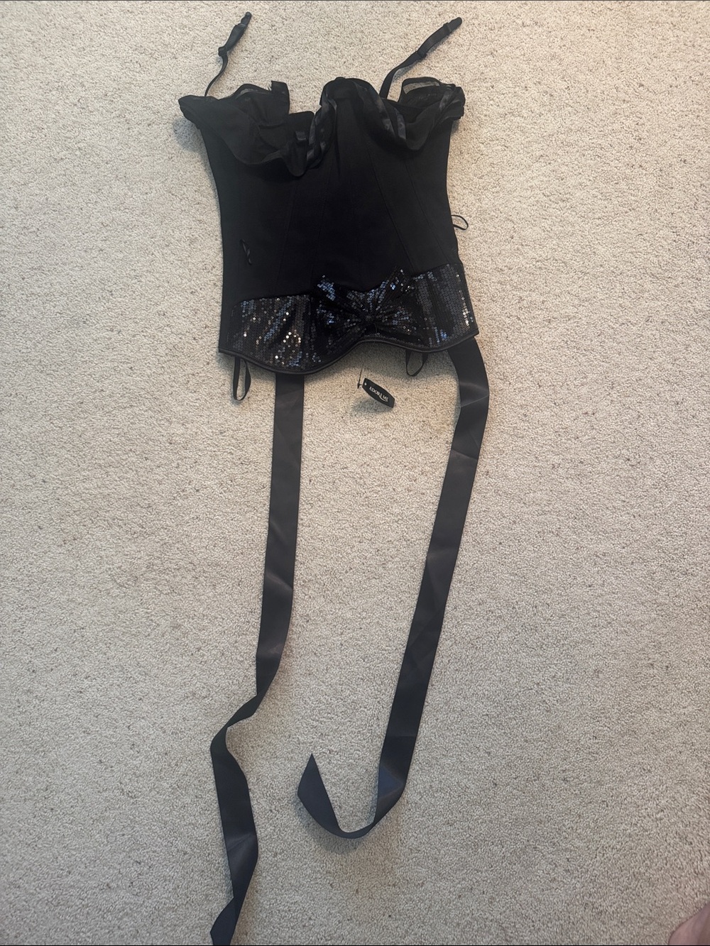 Adore Me Black Sequin Bandeau Bustier with Ribbon Straps